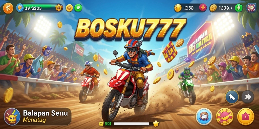 Screenshot gameplay BOSKU777 menampilkan aksi balapan yang mendebarkan.