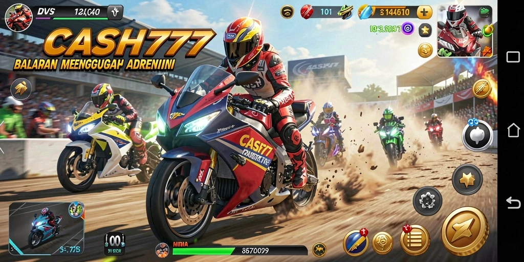 Tampilan gameplay mendebarkan dalam <strong>CASH777</strong> dengan balapan motor yang cepat.