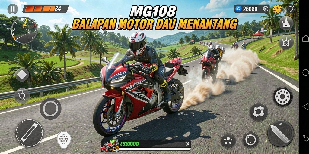 Screenshot utama MG108 menampilkan aksi balapan motor yang mendebarkan.