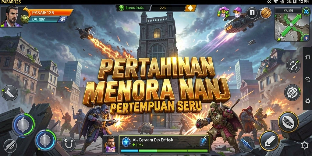 Tangkapan layar dari gameplay seru PASAR123 dengan menara yang dibangun untuk pertahanan.