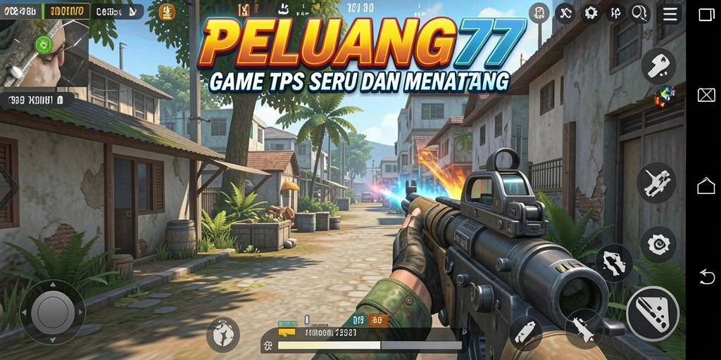 Screenshot gameplay PELUANG77 menampilkan aksi seru dalam pertempuran TPS.