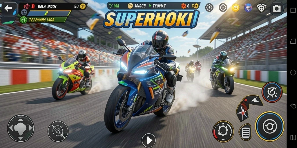 Tampilan seru gameplay balap motor di SUPERHOKI.